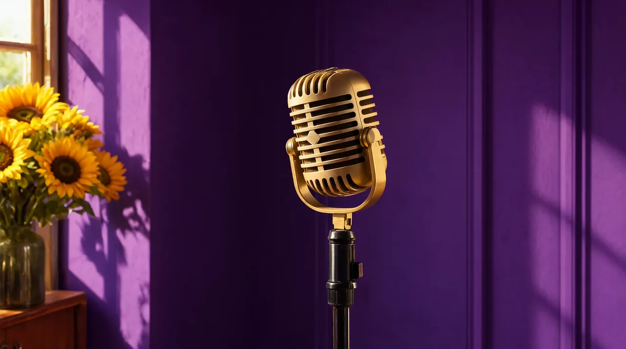 Un micrófono dorado de época en una sala violeta con girasoles