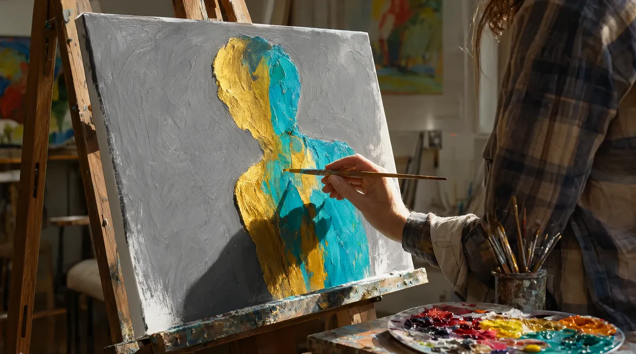Una mano pinta con colores vivos una silueta dorada y turquesa sobre un lienzo gris