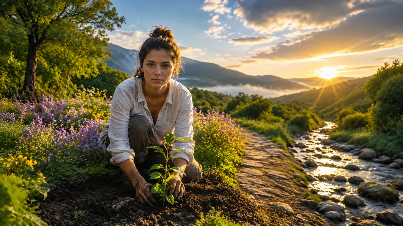 Una persona planta con sus manos un brote en la tierra junto a un arroyo, al atardecer