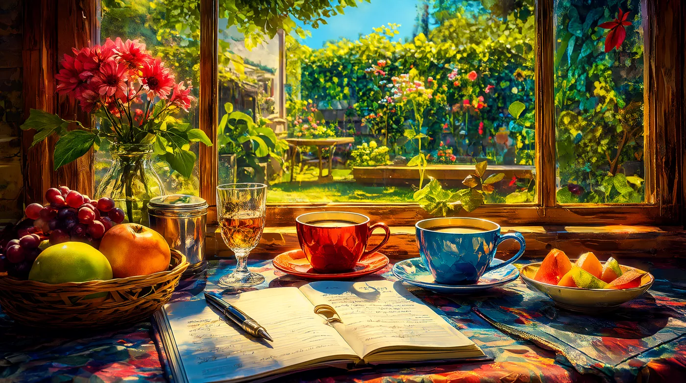Una mesa de desayuno junto a una ventana abierta al jardín, con fruta, dos tazas y un cuaderno abierto con un bolígrafo