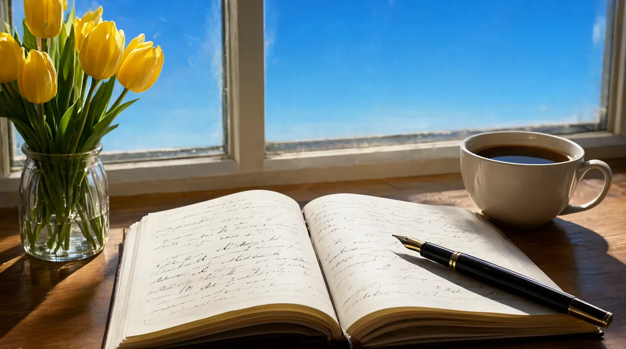 Una libreta abierta con pluma y una taza de café junto a una ventana, con tulipanes amarillos