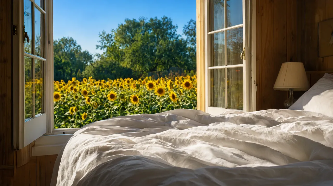 Una cama junto a una ventana abierta a un campo de girasoles bajo el cielo azul de la mañana