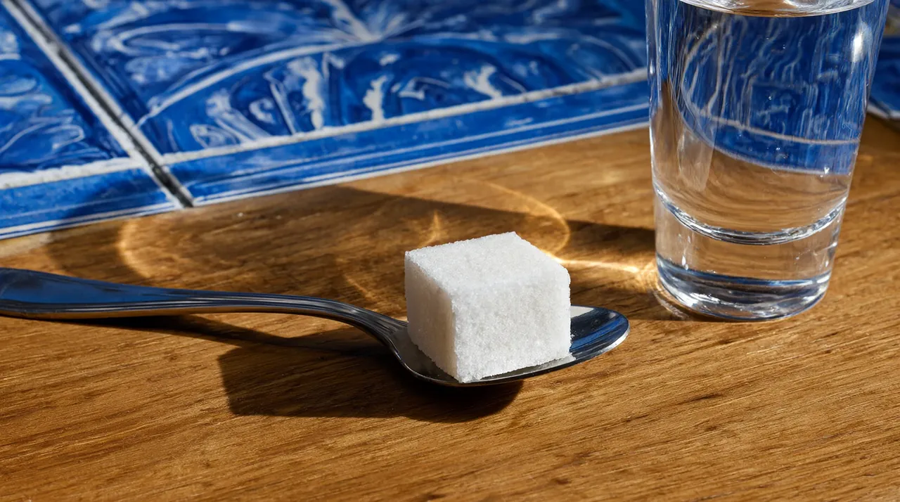 Un terrón de azúcar en una cuchara de plata junto a un vaso de agua en una mesa al sol.