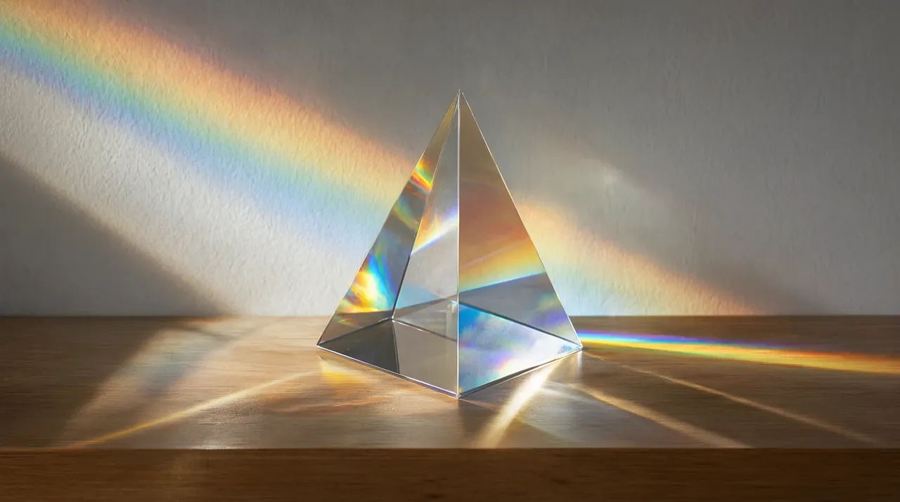 Un prisma de cristal que descompone la luz del sol en un arcoíris sobre una pared blanca.