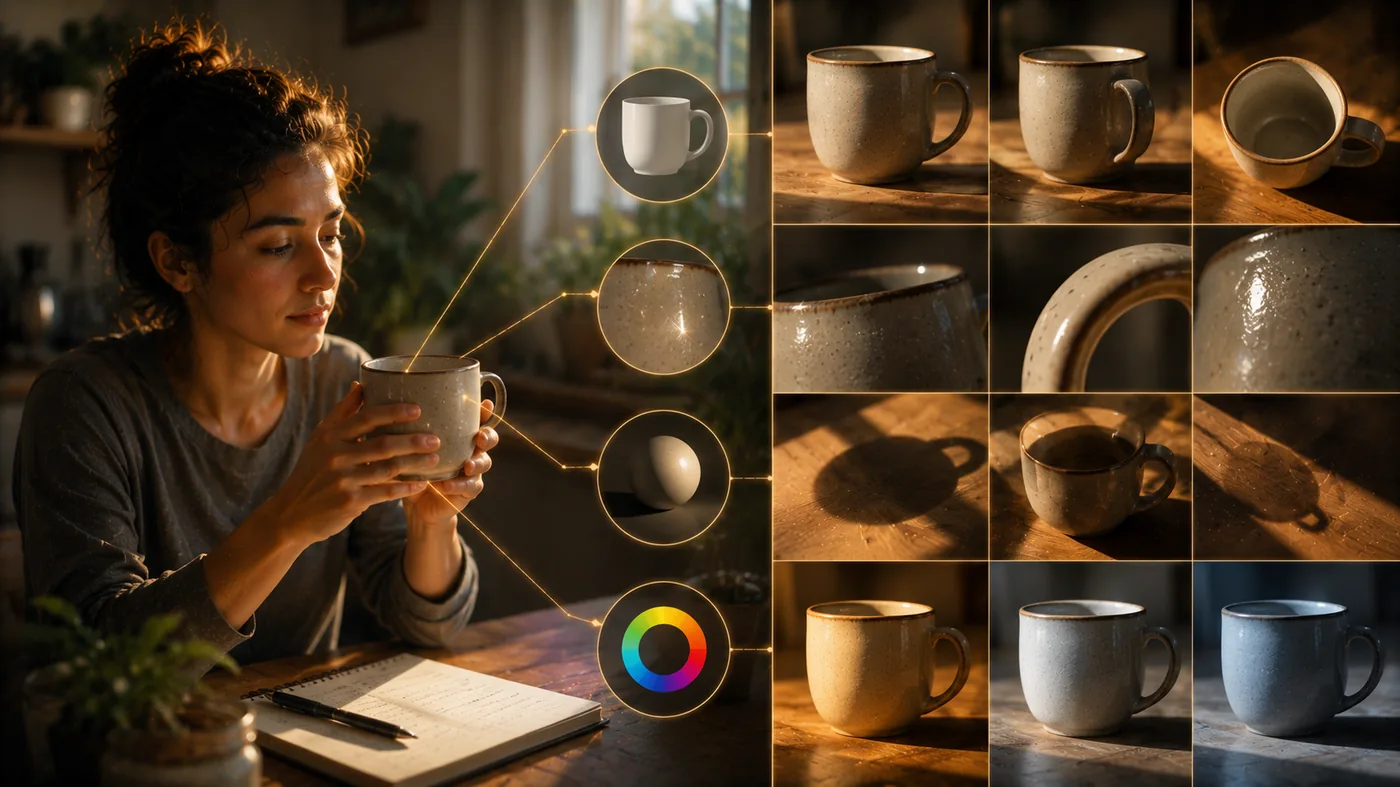 Una taza vista como formas, brillos y sombras en lugar de como una taza