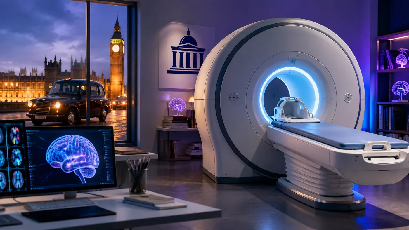 Un escáner de resonancia en un laboratorio de Londres, con un taxi negro y el Big Ben al fondo por la ventana