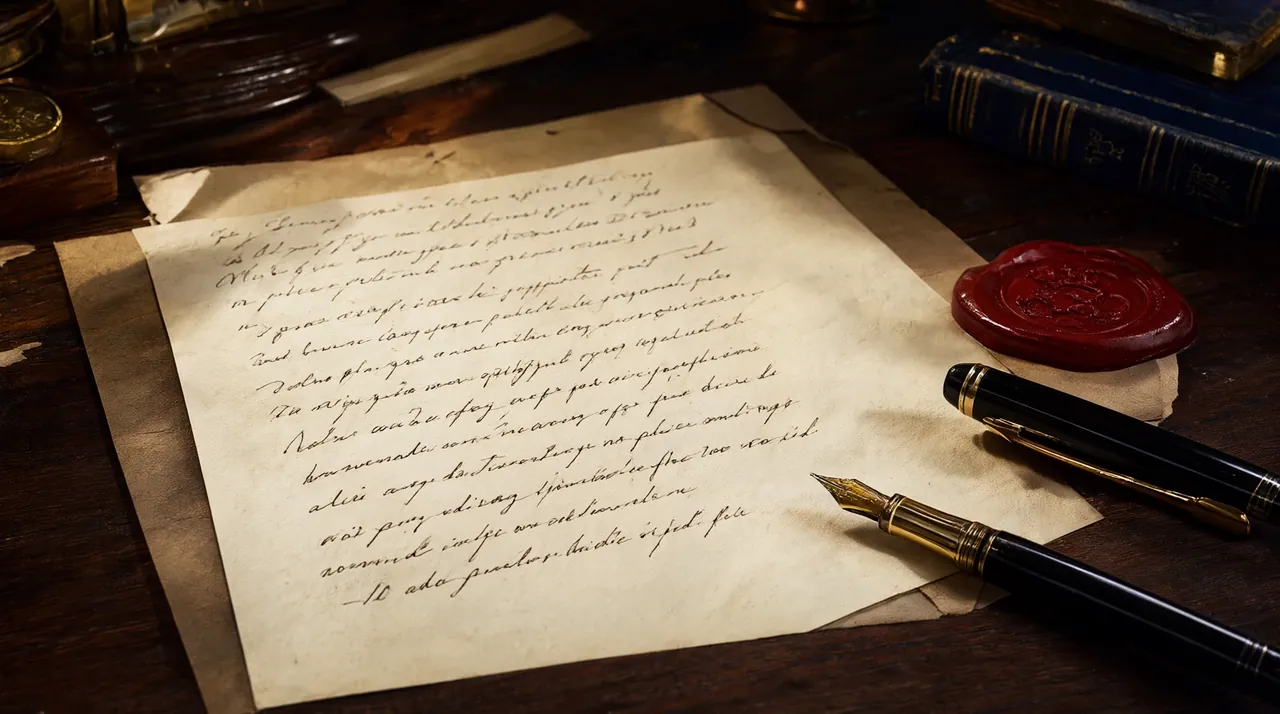 Una carta escrita a mano con pluma y sello de lacre rojo sobre un escritorio de madera