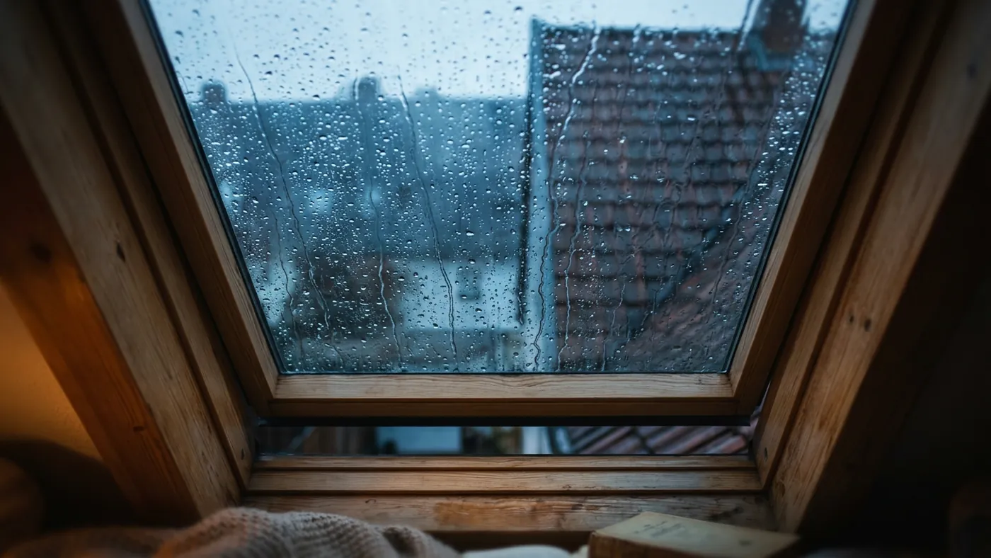 Una claraboya de madera con gotas de lluvia en el cristal y una manta a los pies