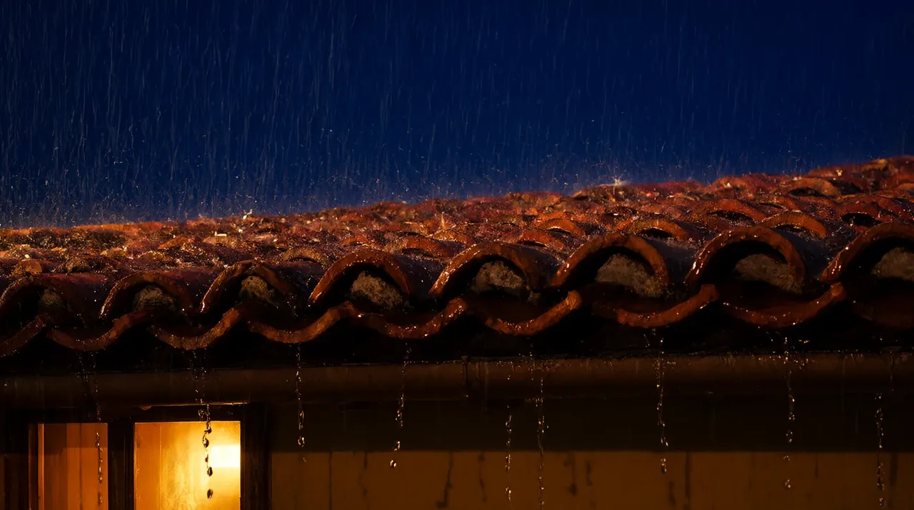 La lluvia cayendo sobre un tejado de tejas de noche, con una ventana iluminada debajo.