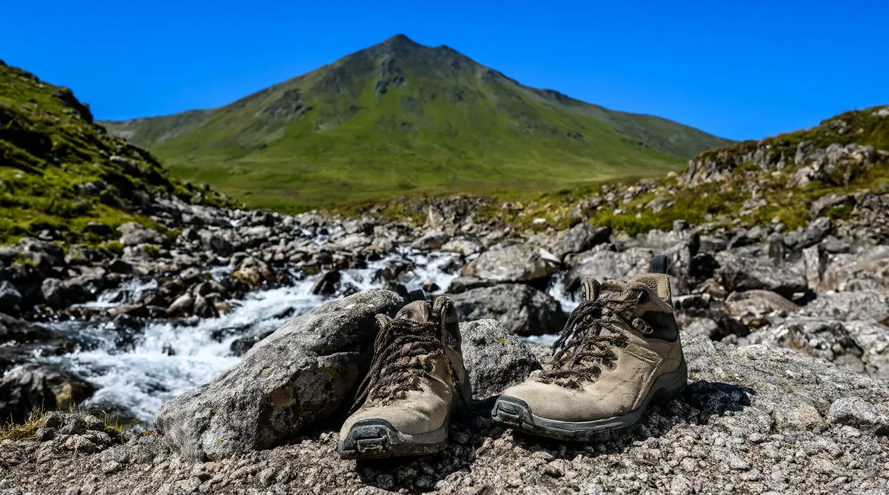 Unas botas de montaña ante un arroyo que cruzar, con la cima al fondo.