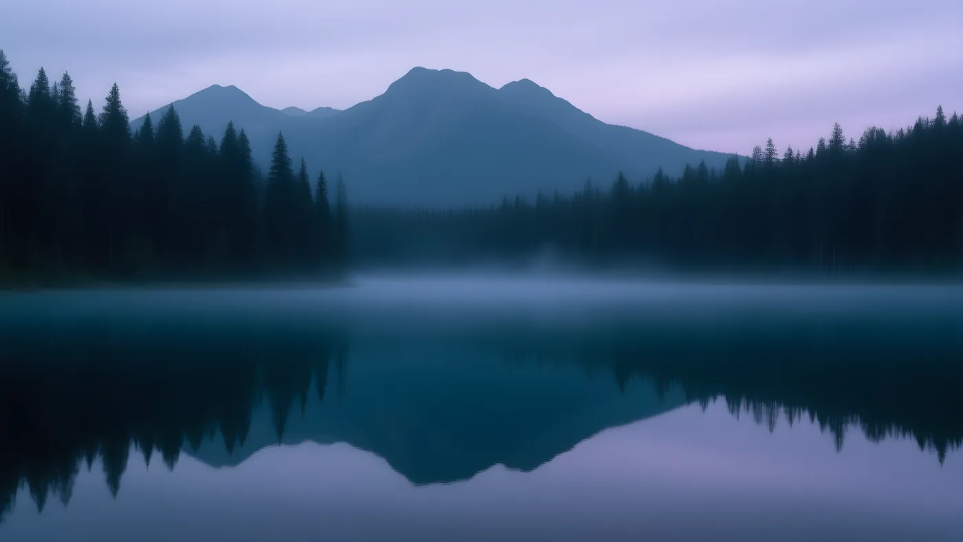 Un lago en calma envuelto en niebla, con el bosque y las montañas reflejados en el agua quieta