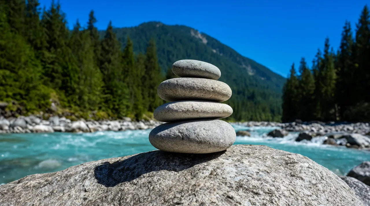 Cinco piedras en equilibrio junto a un río turquesa de montaña