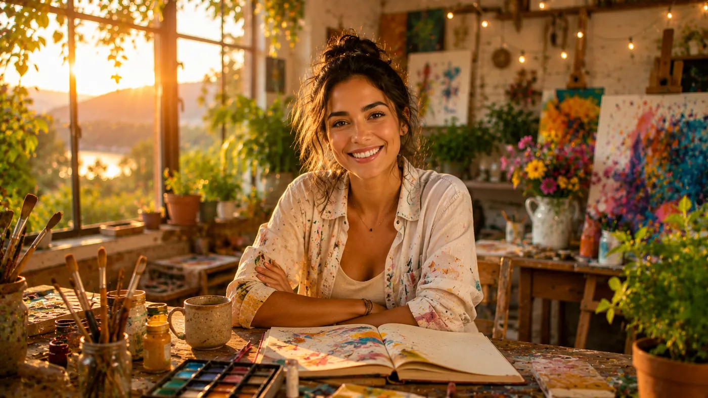 Una mujer sonriente en su taller de pintura, rodeada de lienzos de colores, flores y un cuaderno abierto