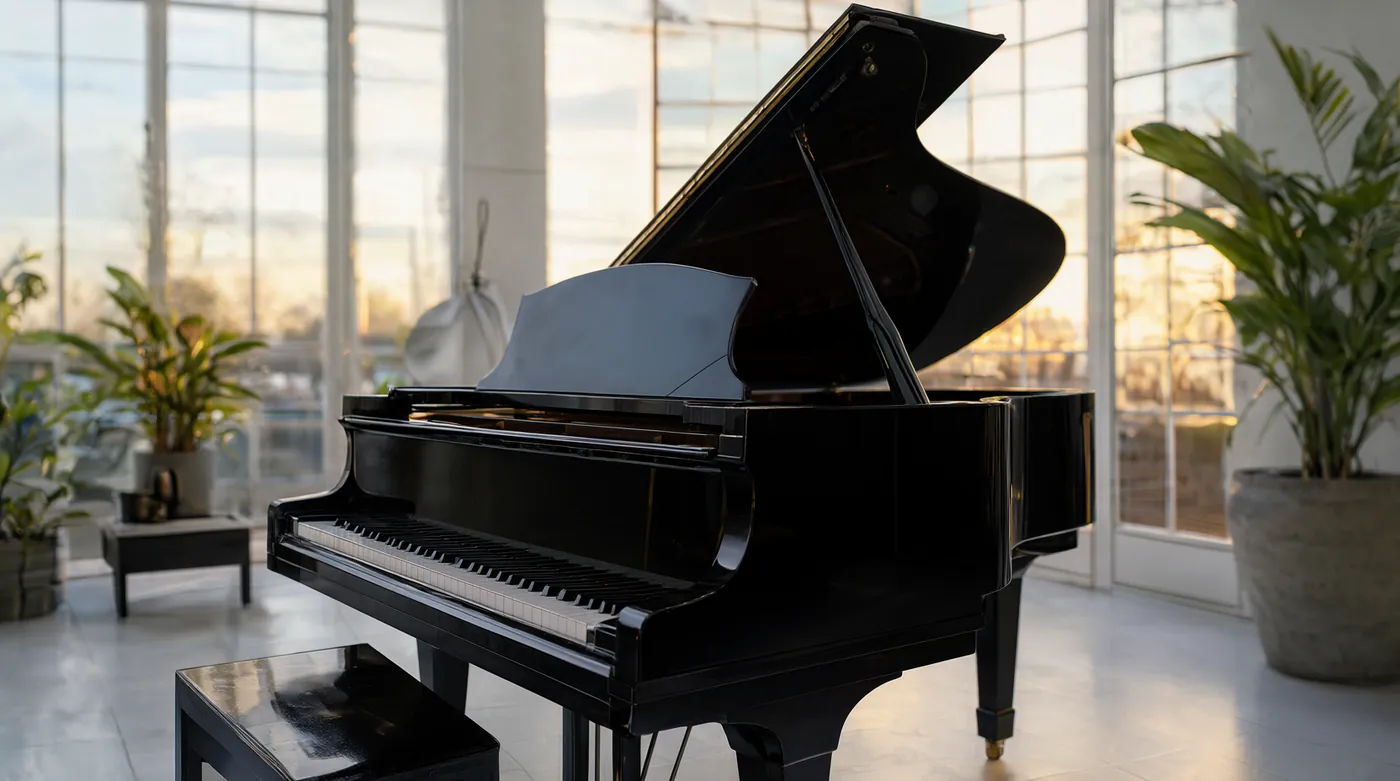 Un piano de cola negro en una sala luminosa con grandes ventanales y plantas
