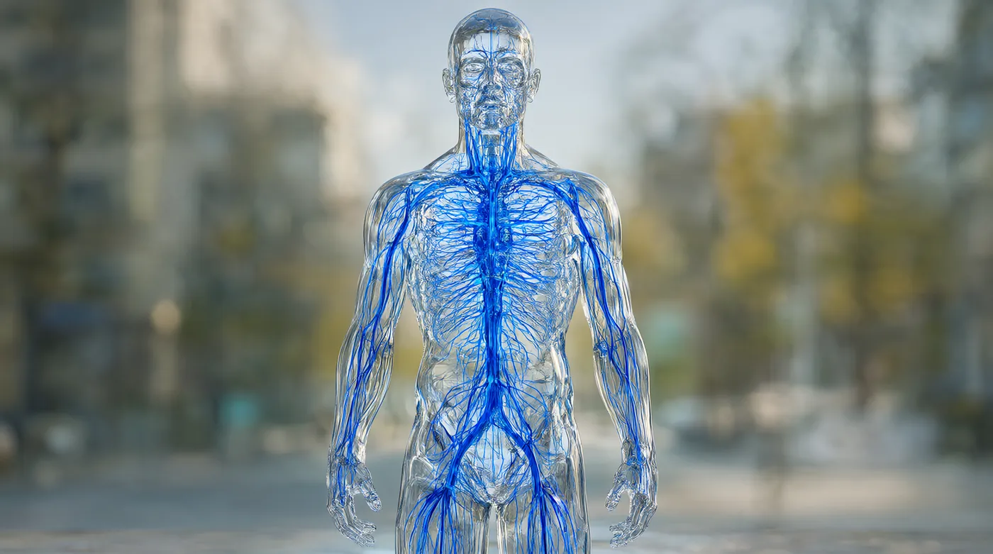Silueta humana transparente con el sistema nervioso iluminado en azul, de la cabeza a los pies