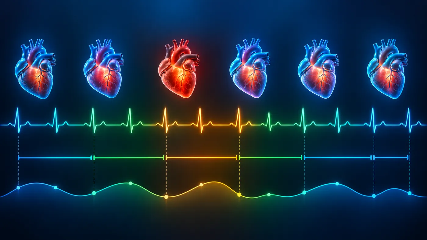 Diagrama luminoso de varios corazones sobre una línea de latido que se acelera al inhalar y se calma al exhalar