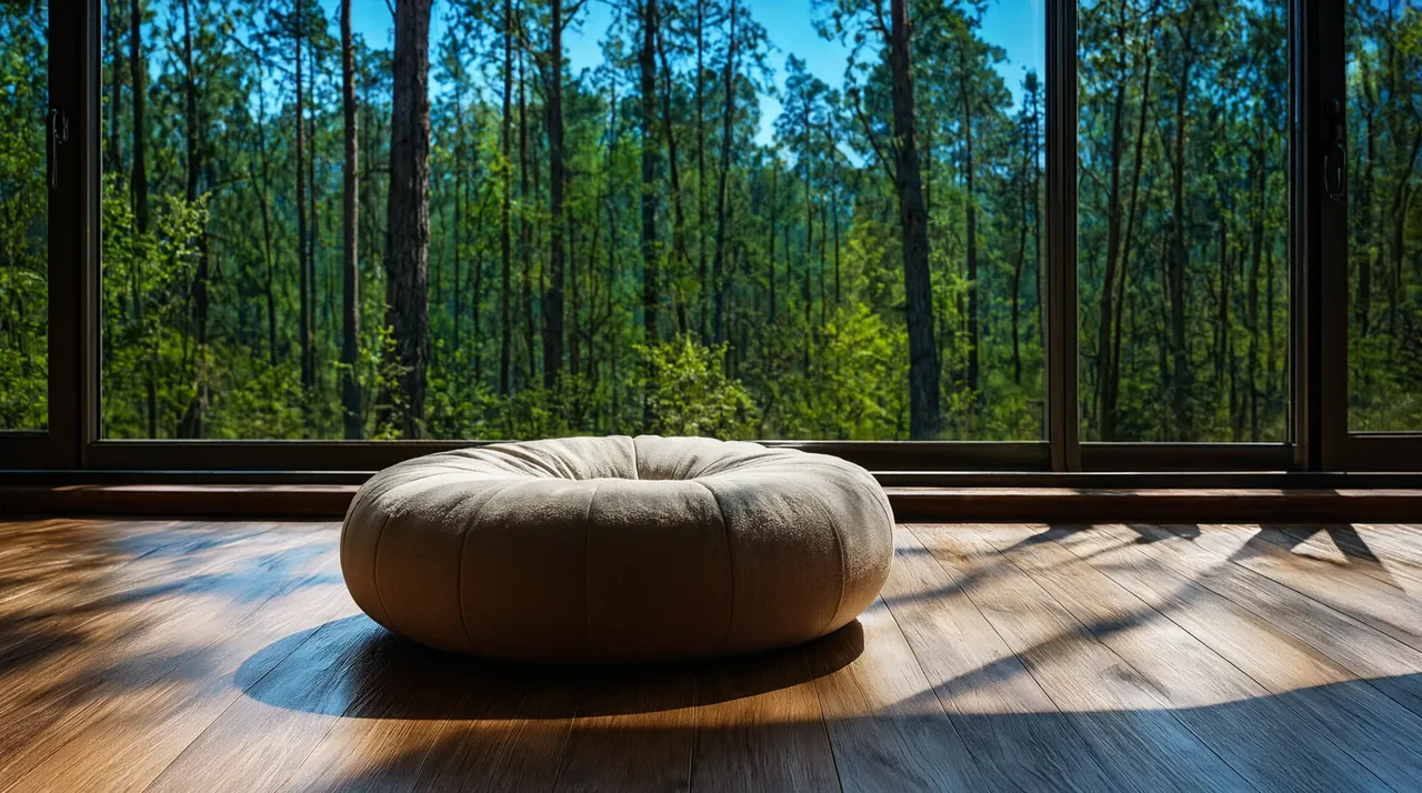 Un cojín de meditación ante un ventanal que da a un bosque de pinos.