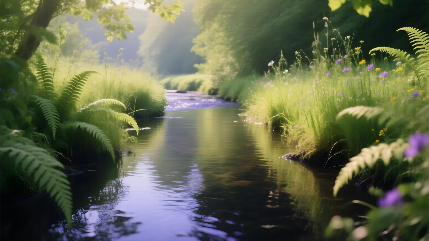 Un río verde y sereno entre helechos, con el agua quieta