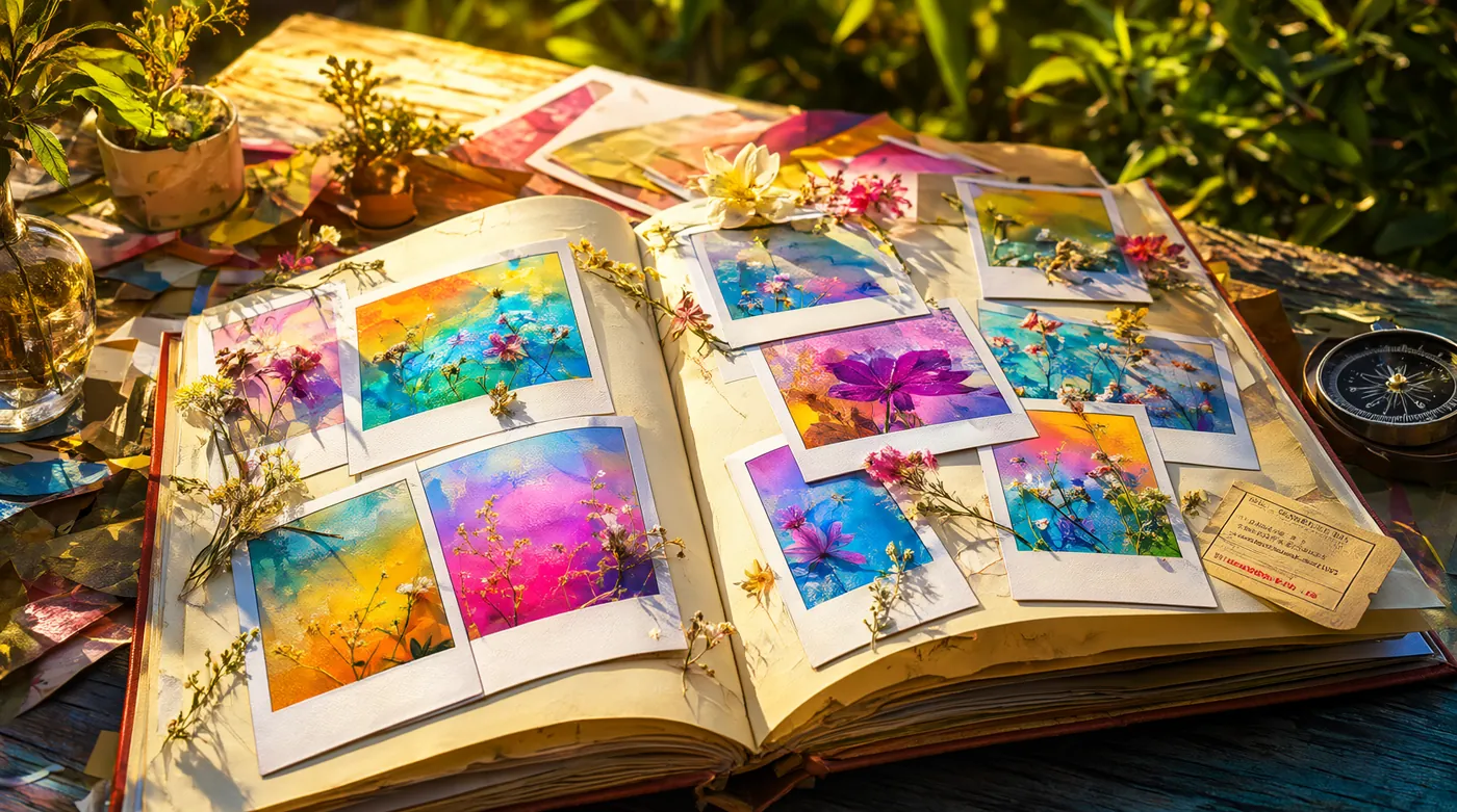 Un álbum abierto sobre una mesa de madera, lleno de fotos de colores vivos y flores secas, con la luz de la tarde