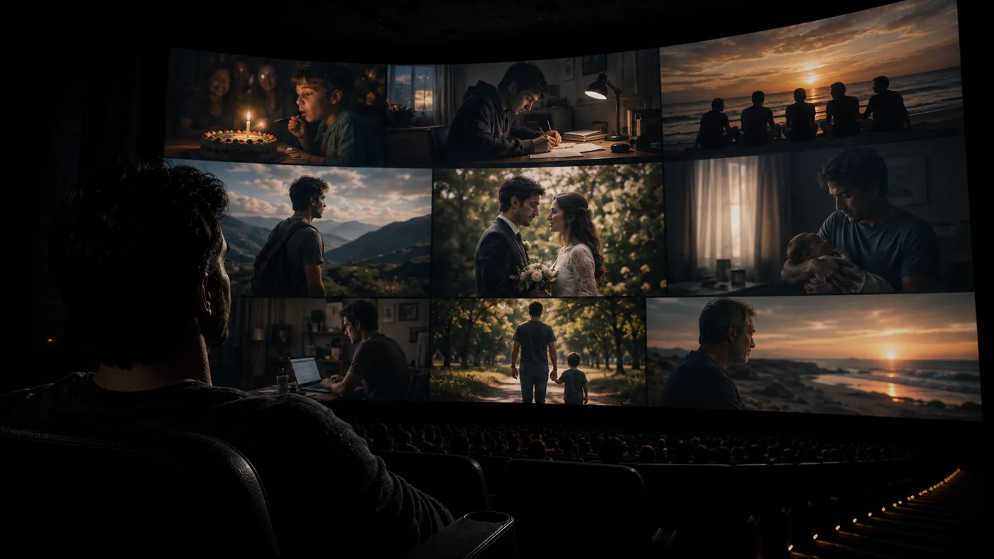 Un hombre de espaldas en una sala de cine, mirando una gran pantalla dividida en escenas de su vida