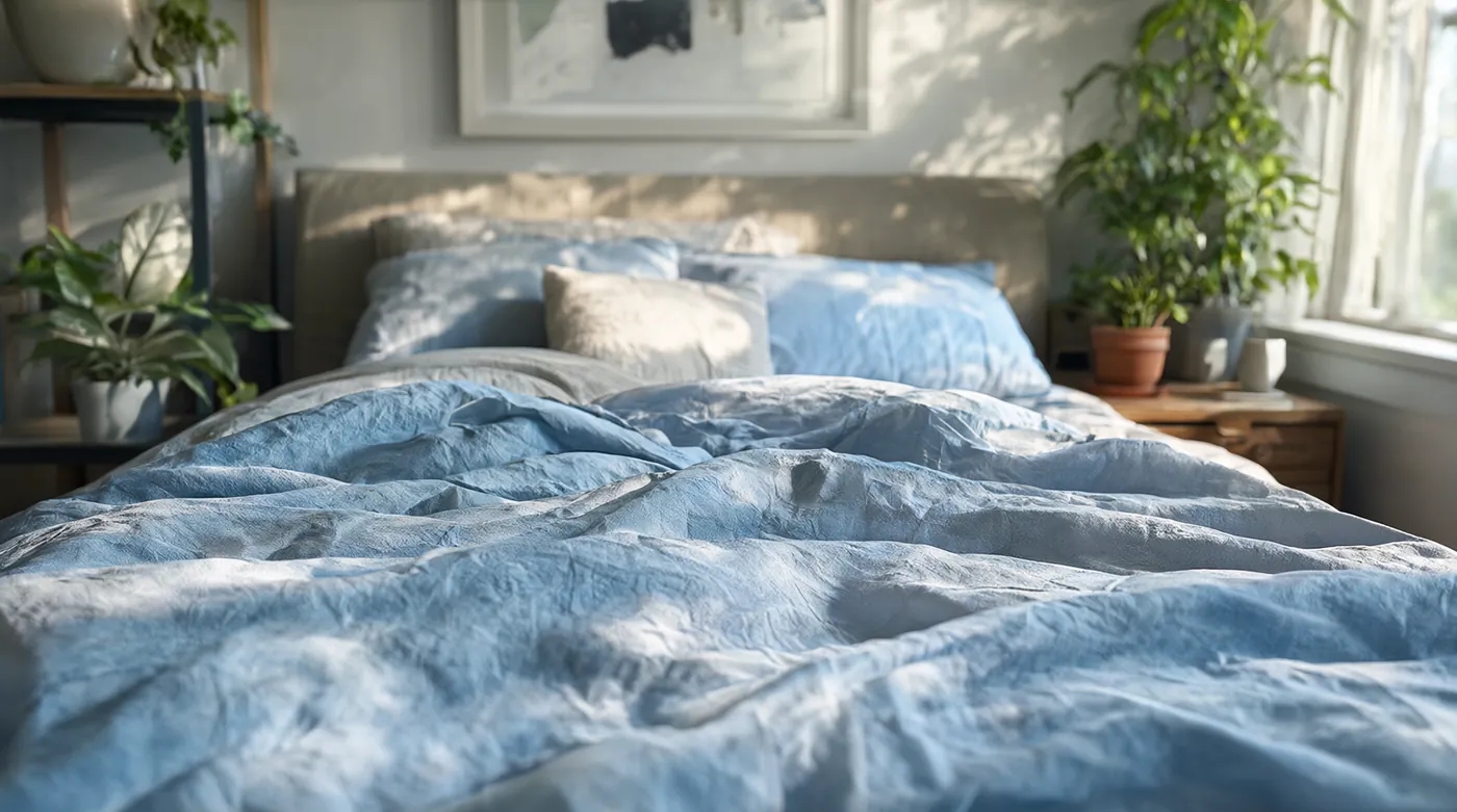 Una cama deshecha con sábanas azules y plantas junto a la ventana, en un dormitorio sereno