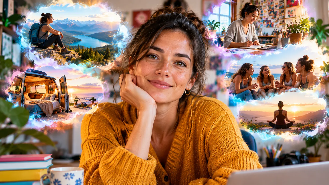 Una mujer sonriente, con la barbilla apoyada en la mano, rodeada de las escenas de la vida que imagina: un viaje, su hogar, un rato con amigas