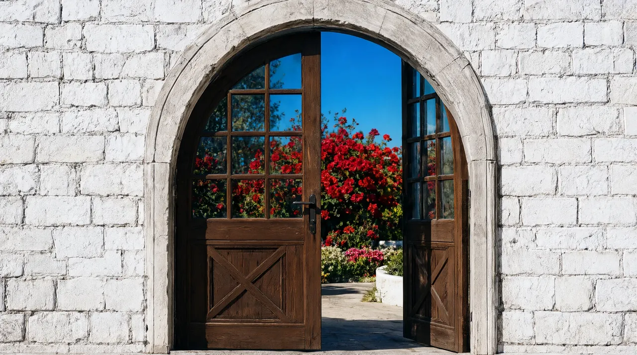 Una puerta de madera abierta en un muro blanco que da a un jardín de rosas rojas