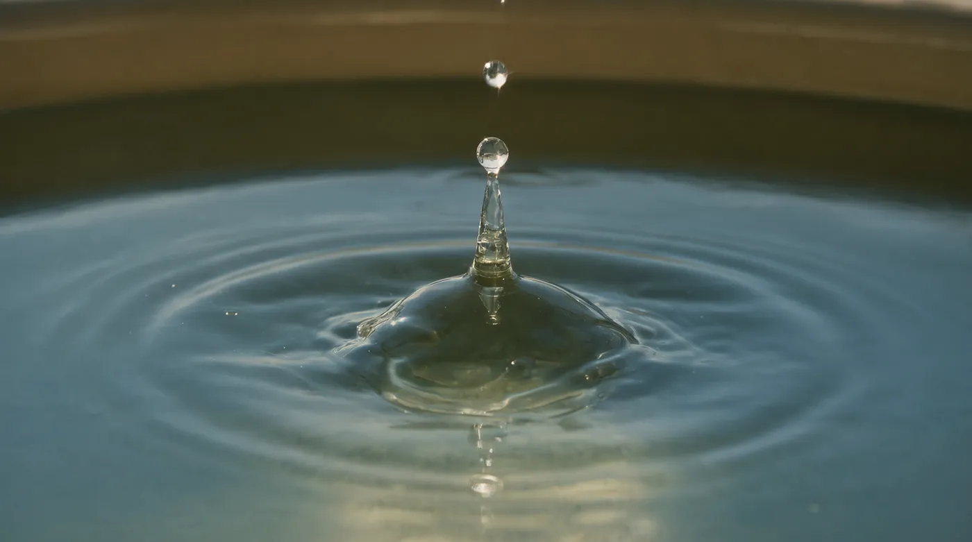 Una gota de agua que cae sobre una superficie en calma y abre ondas circulares a su alrededor