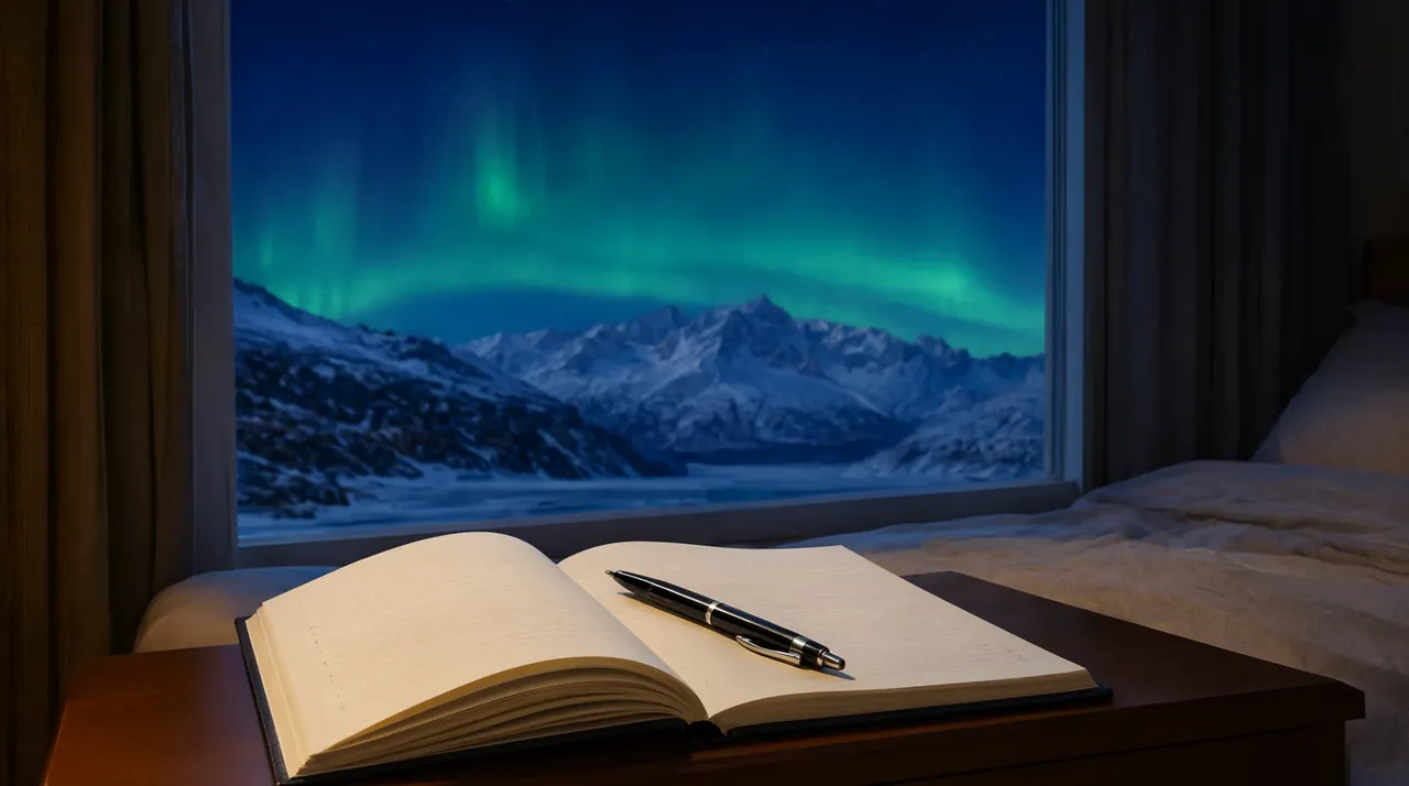 Una libreta y una pluma junto a una ventana con una aurora boreal sobre montañas nevadas