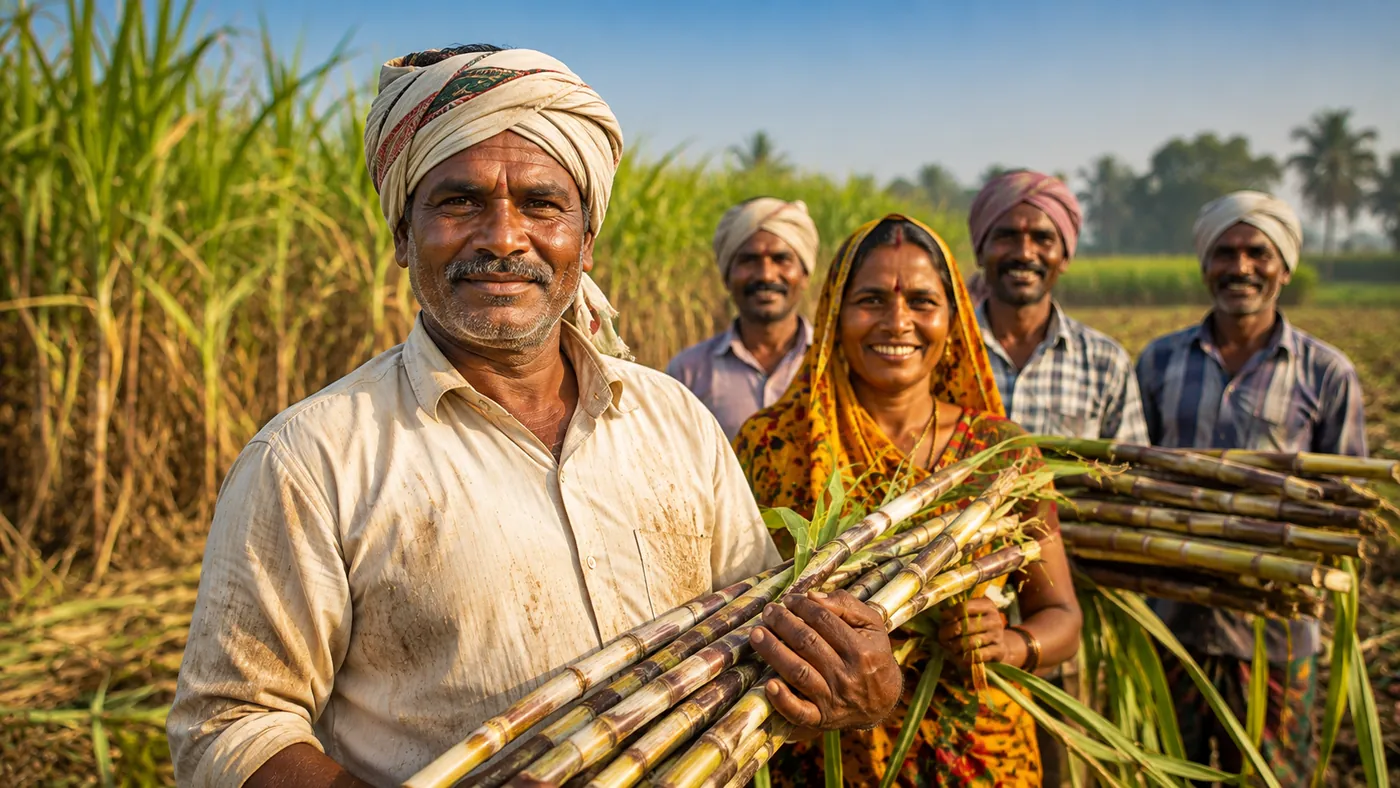 Agricultores de caña de azúcar en la India, sosteniendo la cosecha en el campo