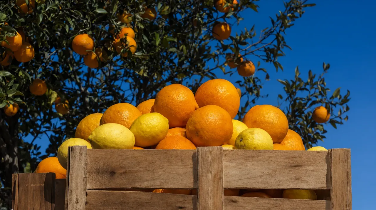 Una caja de madera rebosante de naranjas y limones bajo un naranjo cargado de fruta.