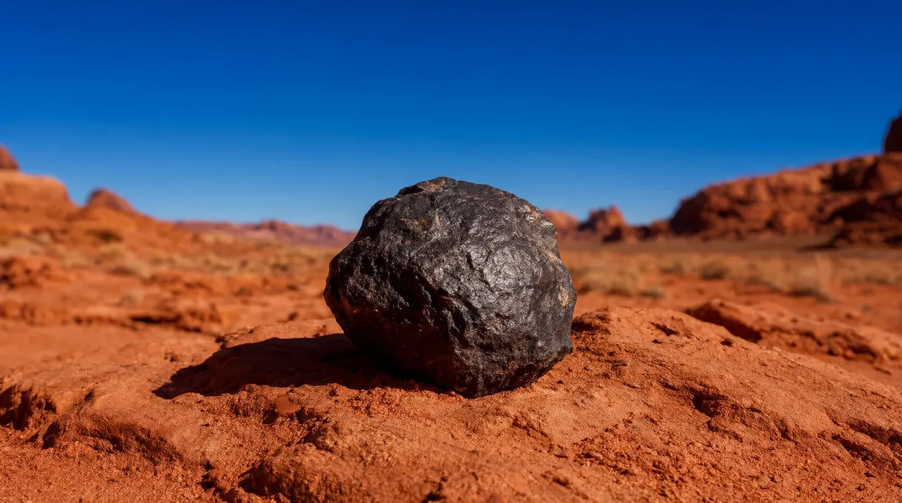 Un meteorito de hierro sobre una roca roja en el desierto bajo un cielo azul.