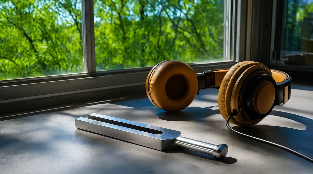 Un diapasón de acero y unos auriculares sobre una mesa junto a una ventana con árboles verdes.