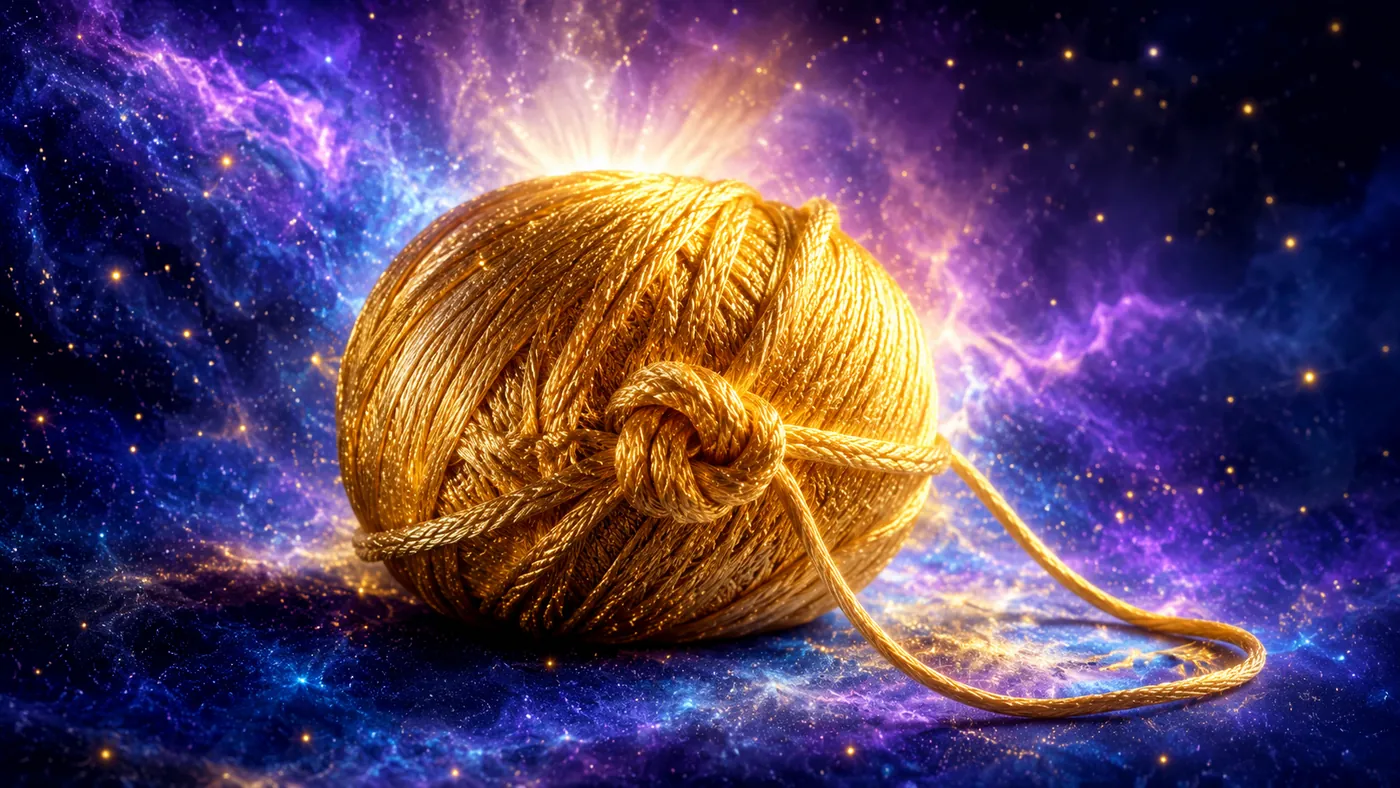 Un ovillo dorado con un nudo que empieza a deshacerse sobre un fondo de cosmos