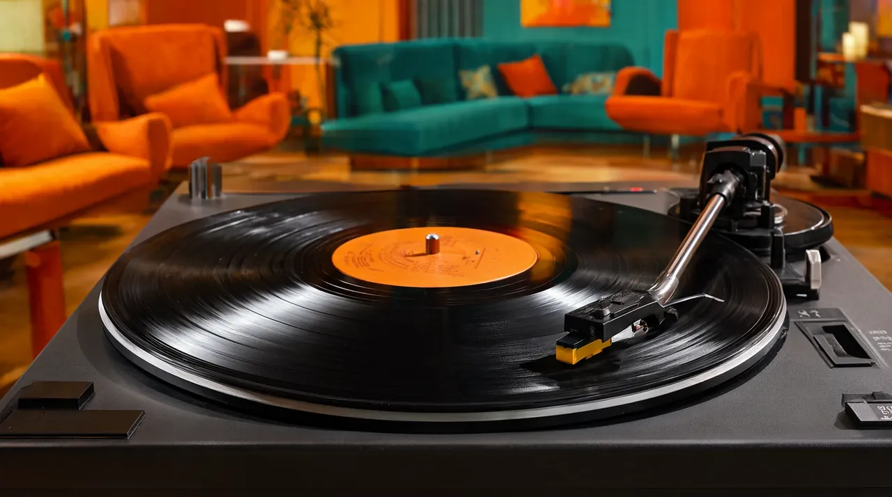 Un disco de vinilo girando en un tocadiscos retro en un salón de colores vivos.
