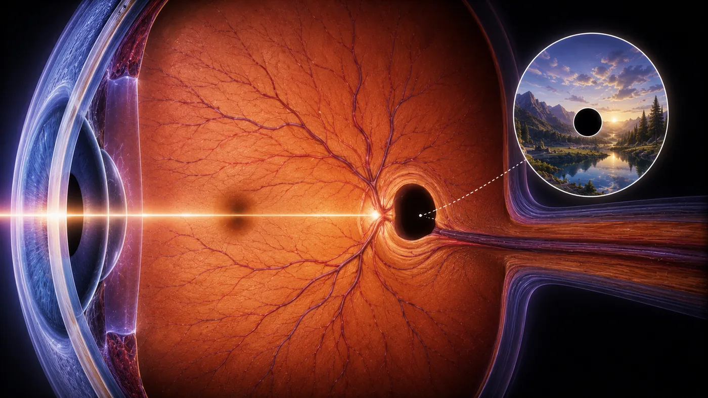 Anatomía del ojo con el punto ciego donde el nervio óptico sale de la retina