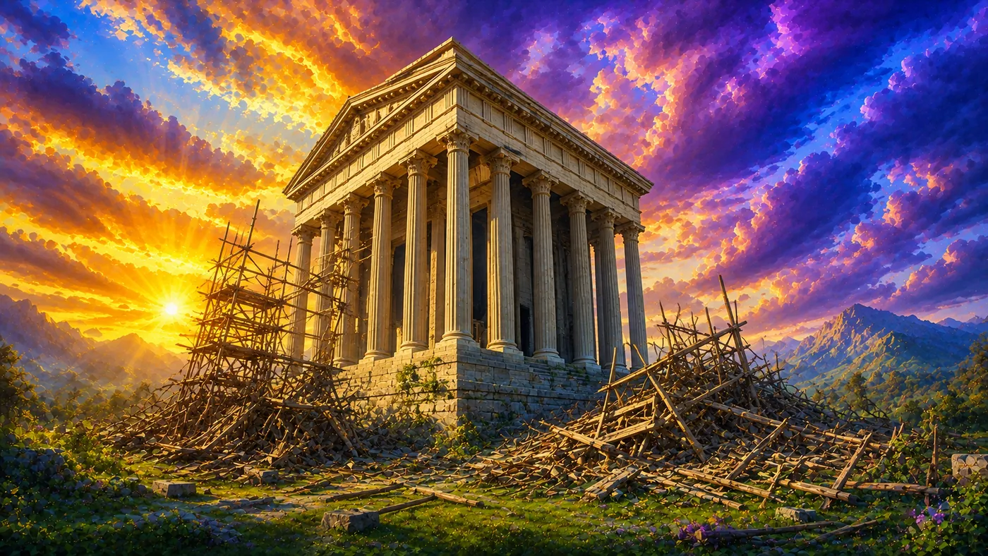 Un templo de piedra en pie al atardecer, con los andamios ya caídos a su alrededor