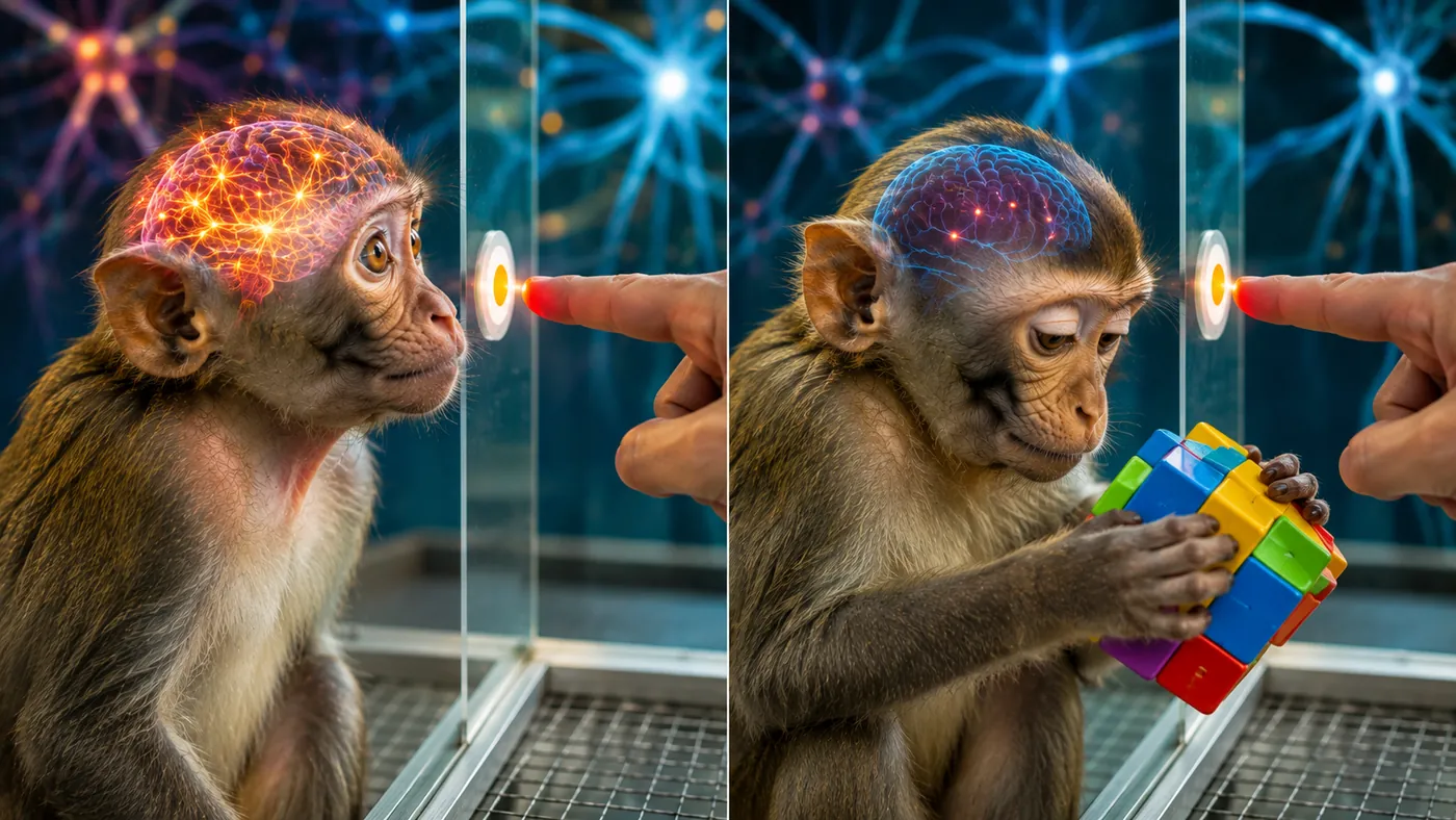 Dos monos ante el mismo estímulo en el dedo: uno atento, con el cerebro encendido, y otro distraído con un juguete