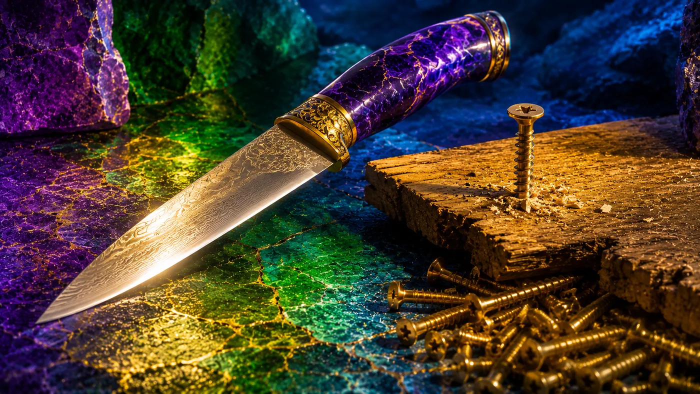 Un cuchillo afilado junto a un tornillo clavado en la madera: la herramienta equivocada para la tarea