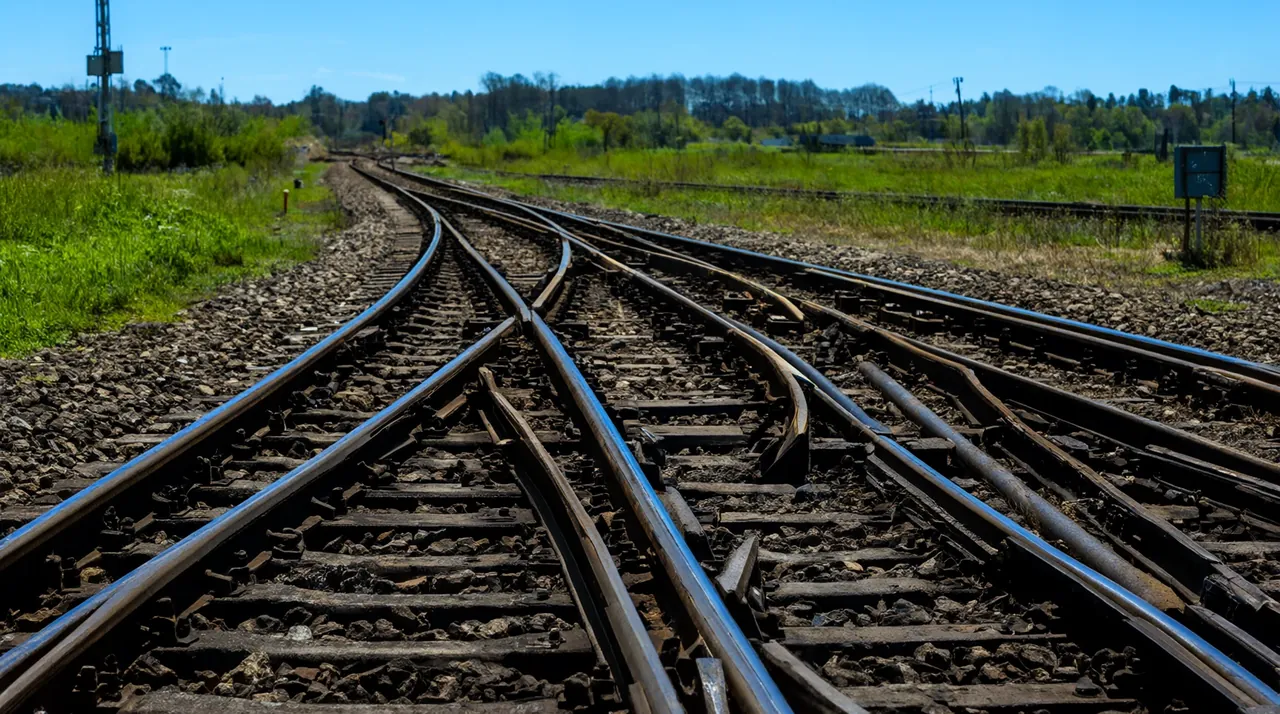 Un cambio de agujas donde una vía de tren se divide en dos en medio del campo.