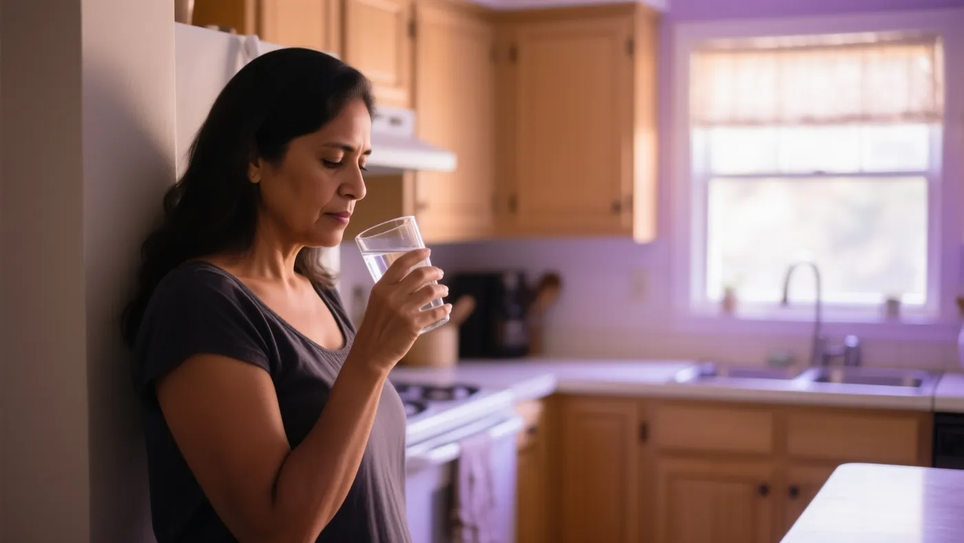 Una mujer en su cocina bebe un vaso de agua con calma, tomándose una pausa