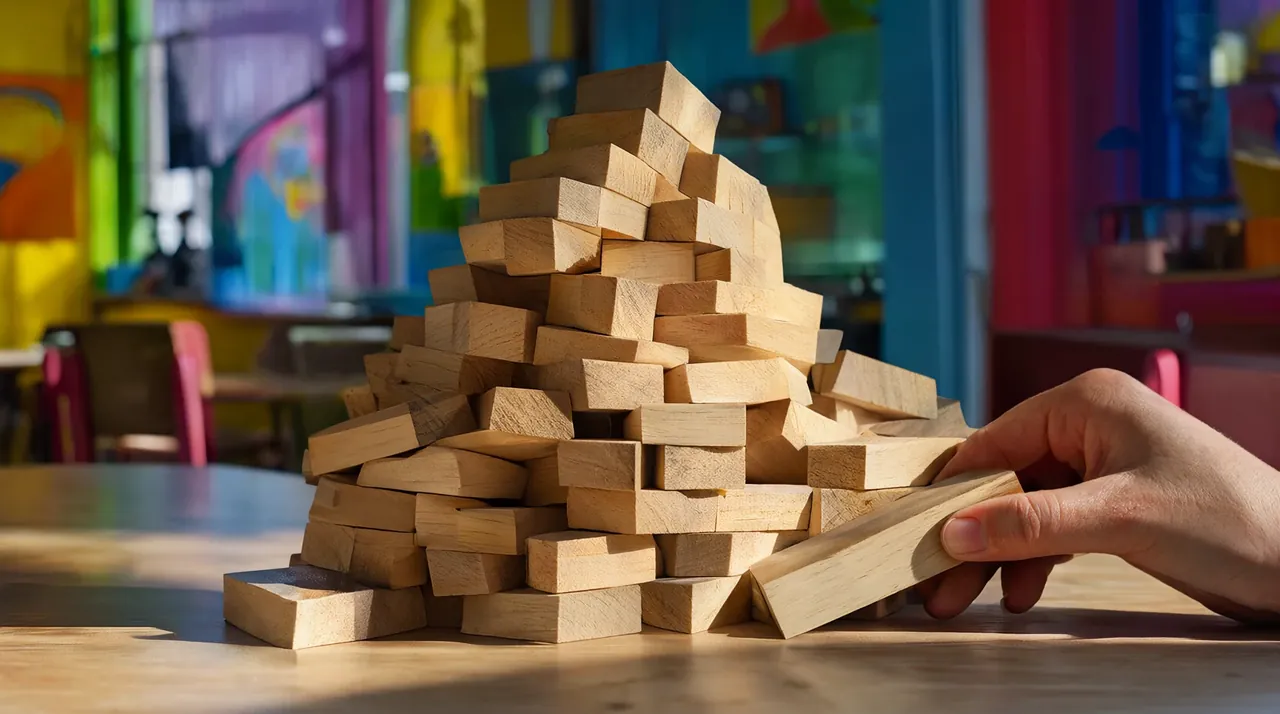 Una pirámide de bloques de madera con una mano ajustando un bloque de la base.