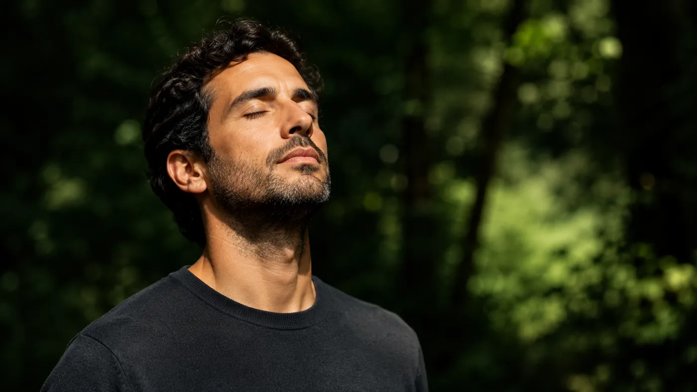 Una persona con los ojos cerrados respirando en el bosque