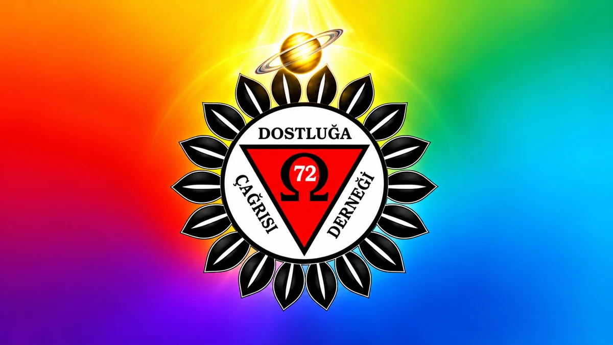 Emblema de la Asociación Llamado a la Amistad: sello del 72 con un planeta sobre fondo arcoíris