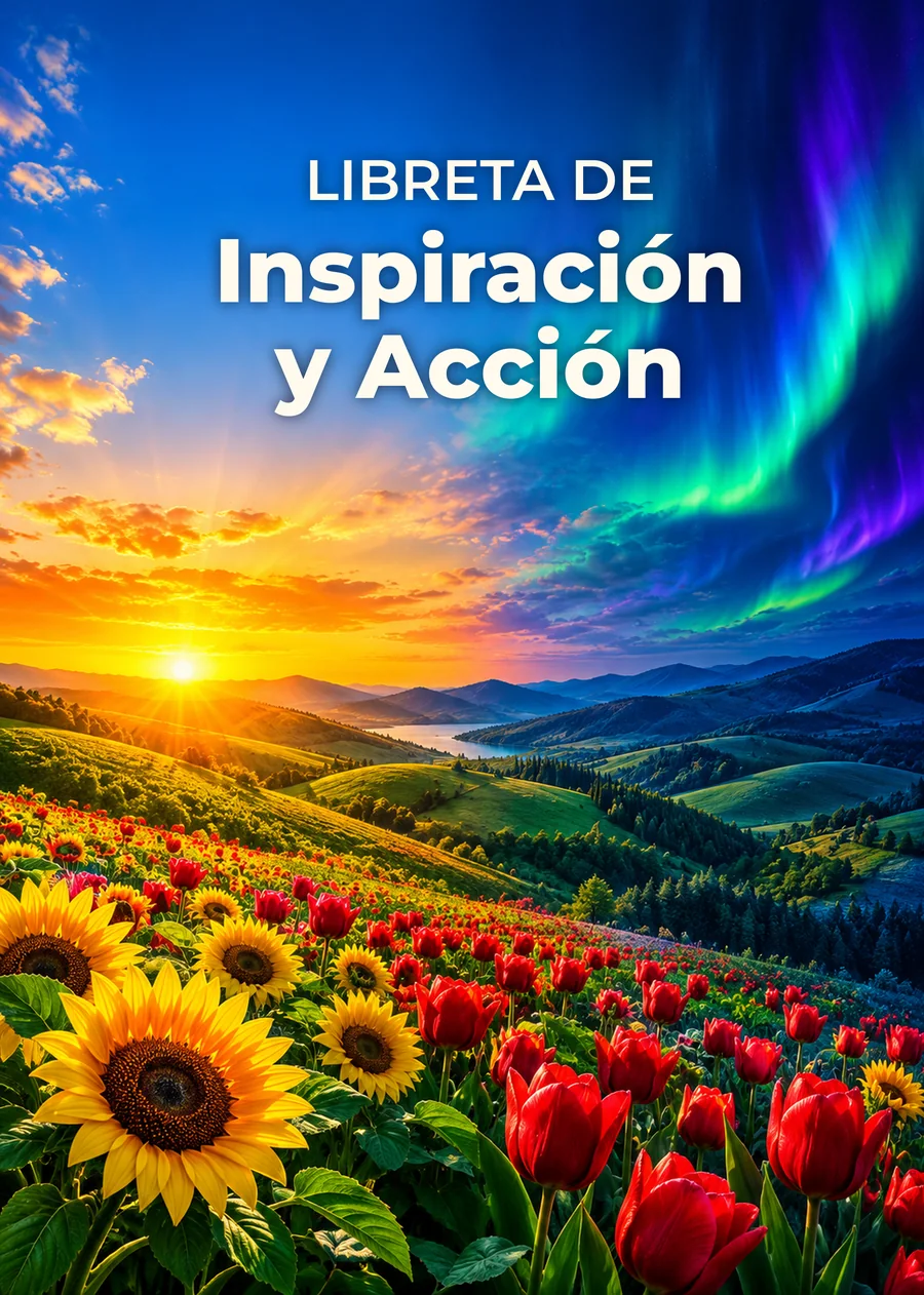 Portada de la Libreta de Inspiración y Acción: un amanecer dorado que se funde con una noche de auroras sobre un campo de tulipanes y girasoles.